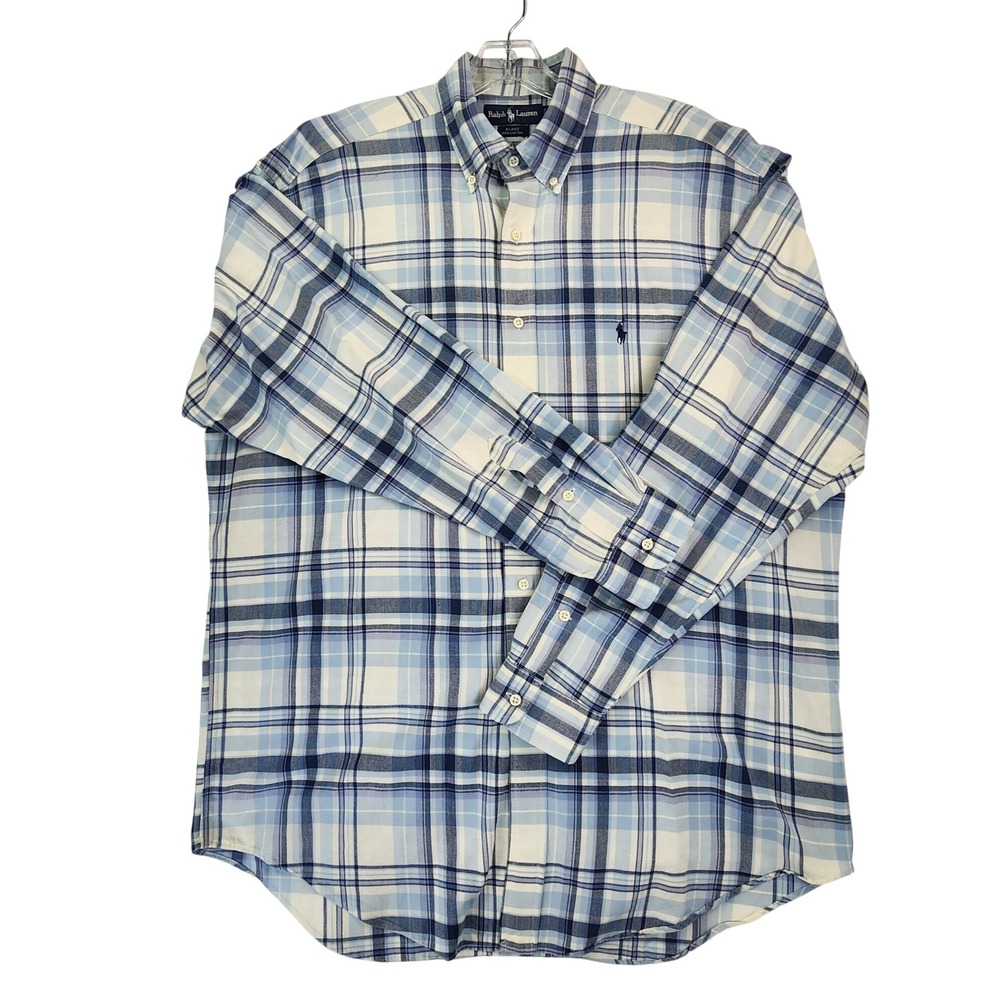 Ralph Lauren XL Blue Plaid Button Down Shirt Preppy Coastal Classic Cotton Mens